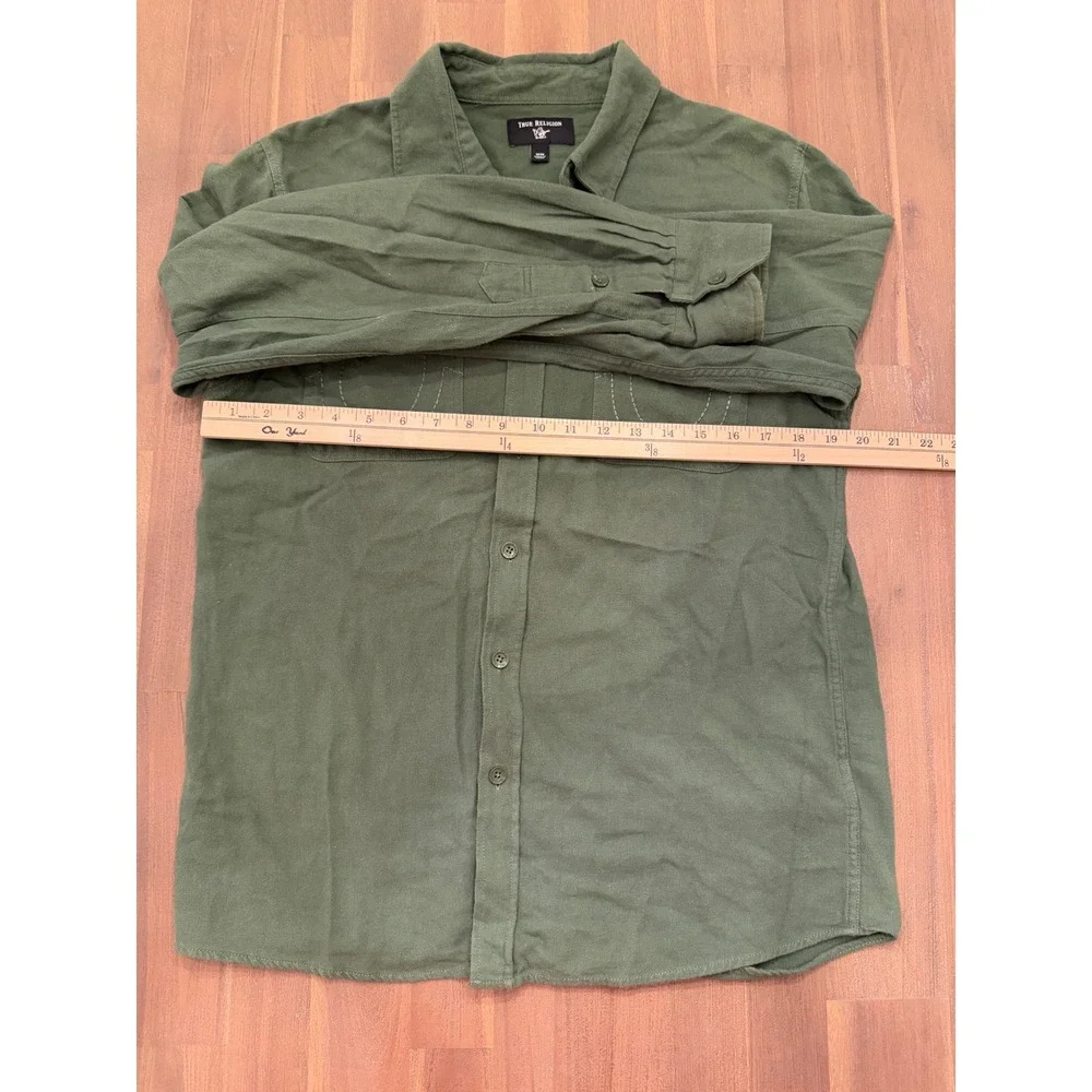 True Religion Mens Olive Green Horseshoe Pocket Flannel Button Down Shirt Medium